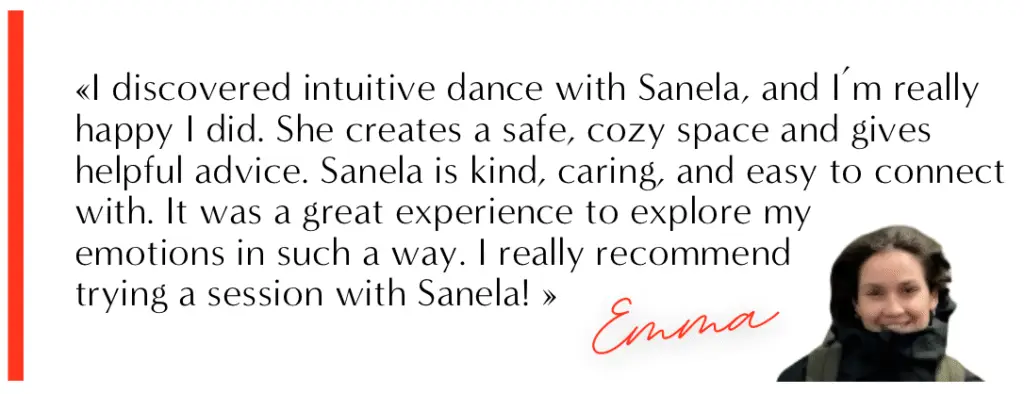 Client testimonial about intuitive dance sessions with Sanela, signed by Emma.