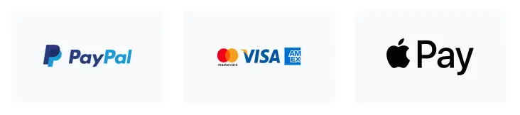 Payment methods accepted: PayPal, Visa, Mastercard, American Express, and Apple Pay.