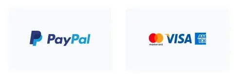 Payment methods accepted: PayPal, Visa, Mastercard, and American Express.